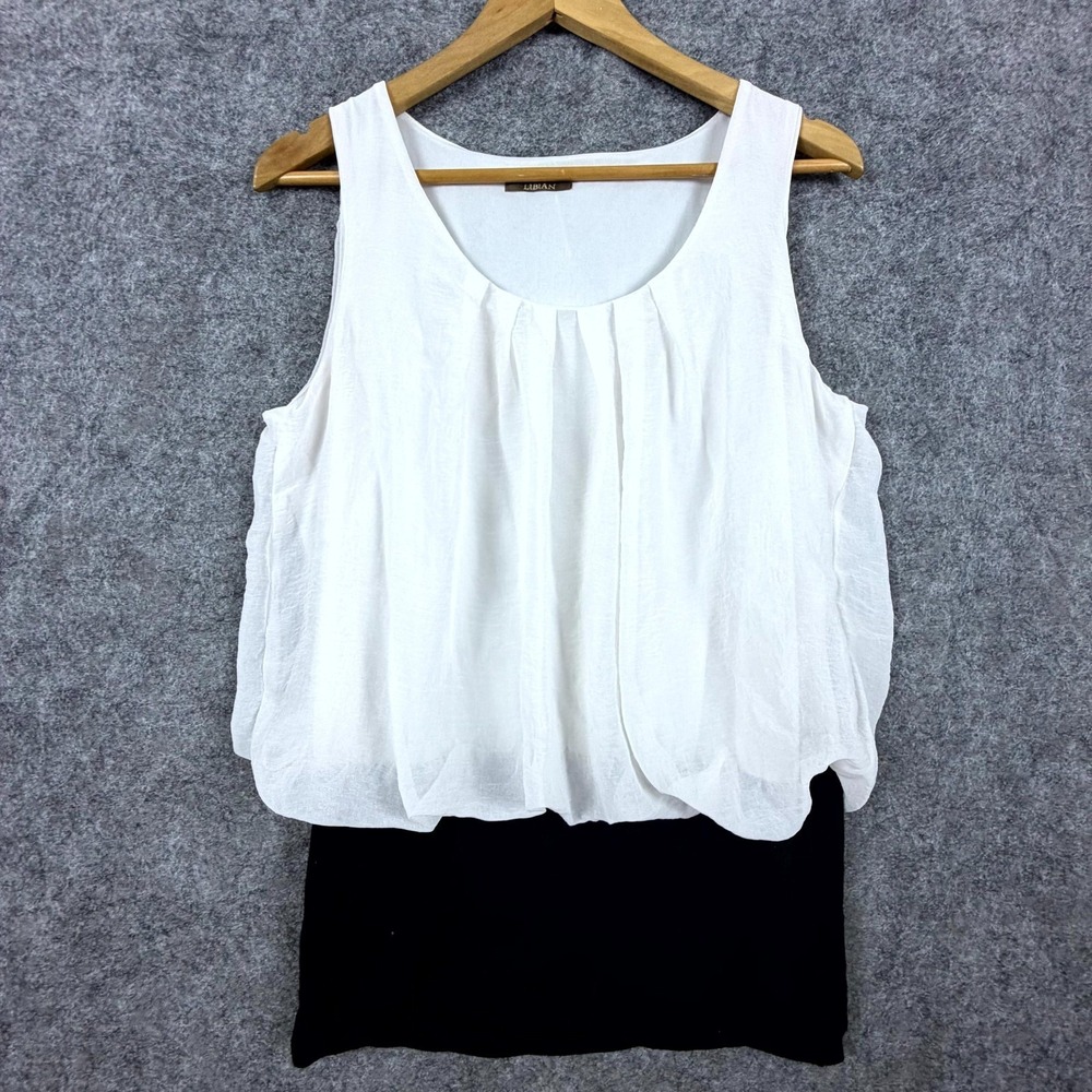 Libian Blouse Top Womens Black White Chiffon‎ Bubble Hem Sheer Flowy Office Chic